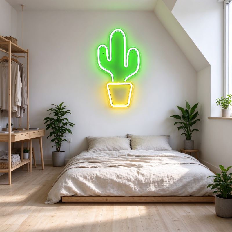 Cactus & Green Leaf Neon Sign – Natural Room Decor