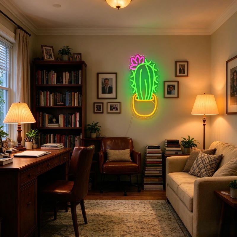 Cactus & Green Leaf Neon Sign – Natural Room Decor