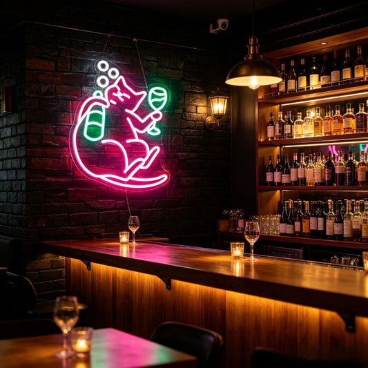 Drinking Cat Wine Neon Sign for Cocktail Bar Wall Decor