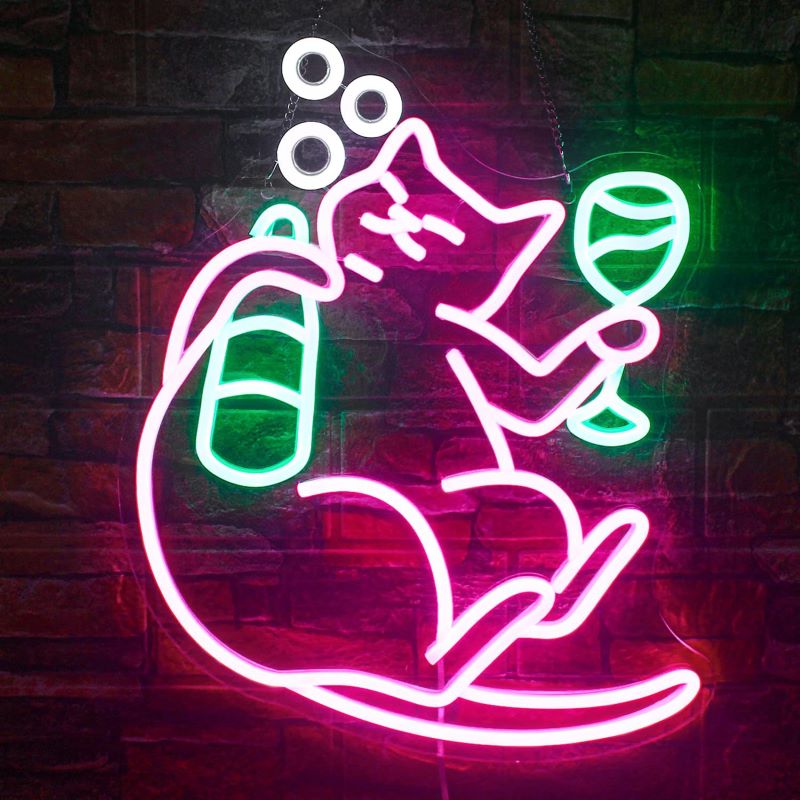 Drinking Cat Wine Neon Sign for Cocktail Bar Wall Decor