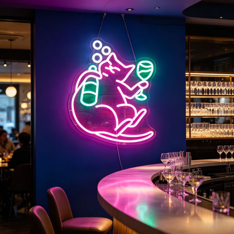 Drinking Cat Wine Neon Sign for Cocktail Bar Wall Decor