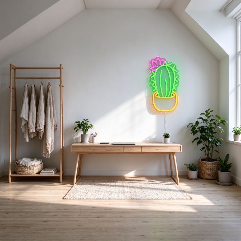 Cactus & Green Leaf Neon Sign – Natural Room Decor