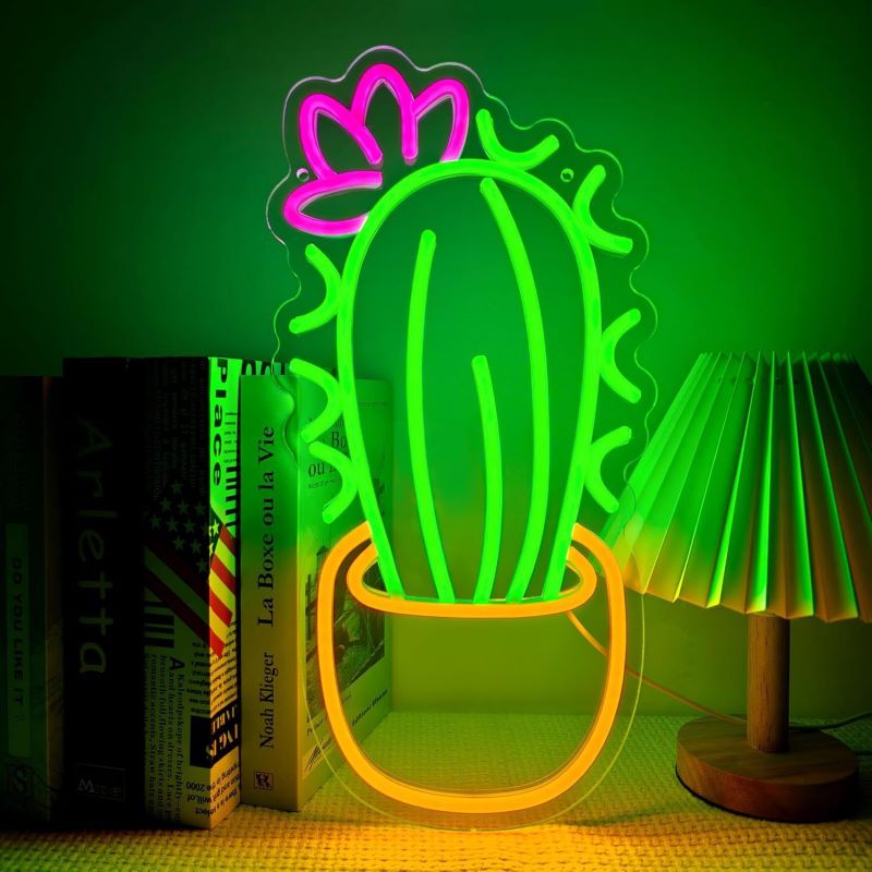 Cactus & Green Leaf Neon Sign – Natural Room Decor