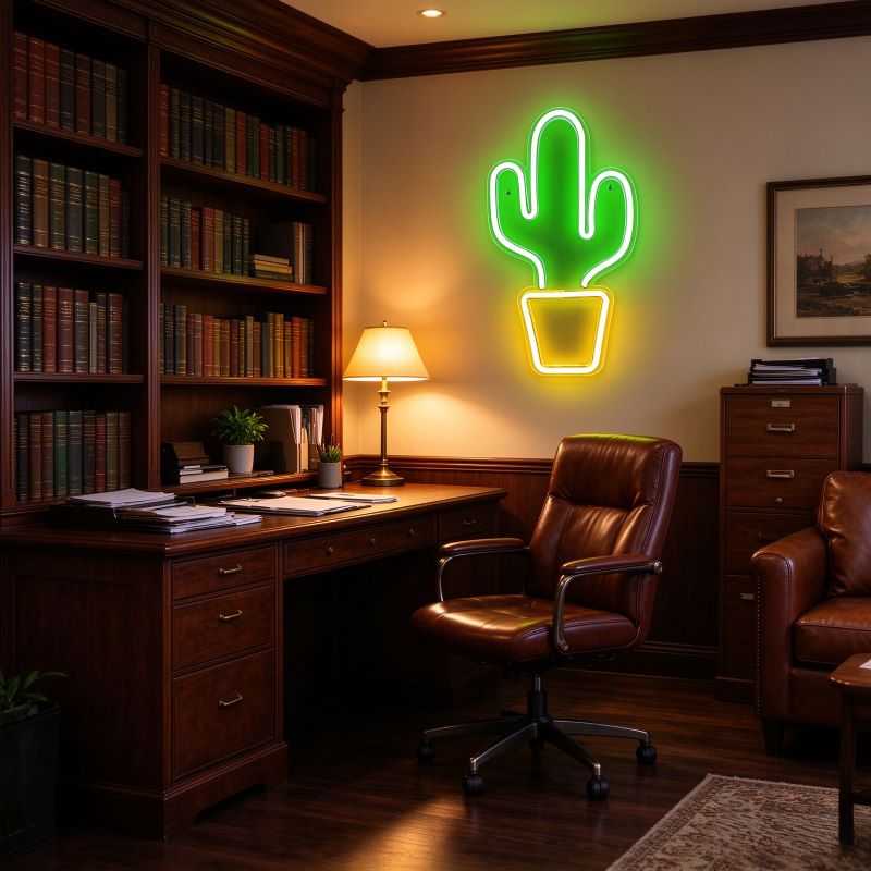 Cactus & Green Leaf Neon Sign – Natural Room Decor